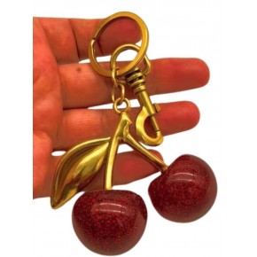 Çanta Aksesuar Kırmızı Simli  Kiraz Anahtarlık , Çanta Süsü Antik- Gold Metalli