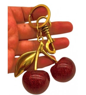 Çanta Aksesuar Kırmızı Simli  Kiraz Anahtarlık , Çanta Süsü Antik- Gold Metalli