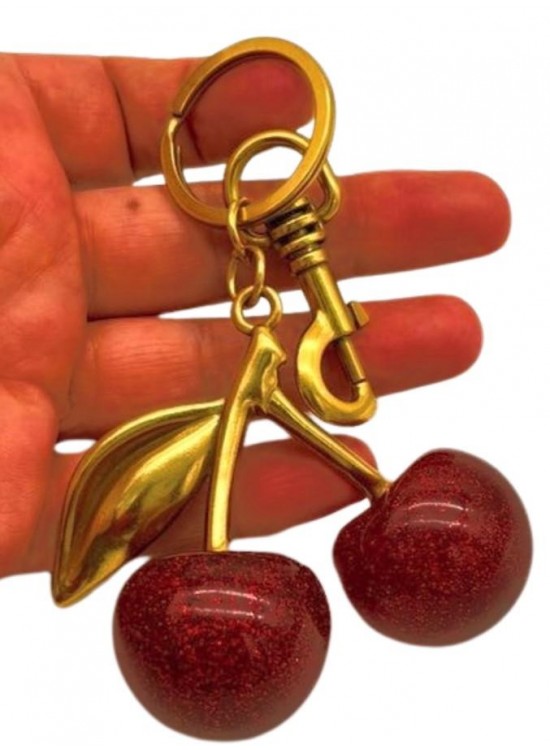 Çanta Aksesuar Kırmızı Simli  Kiraz Anahtarlık , Çanta Süsü Antik- Gold Metalli
