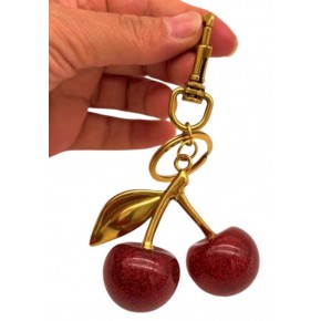 Çanta Aksesuar Kırmızı Simli  Kiraz Anahtarlık , Çanta Süsü Antik- Gold Metalli