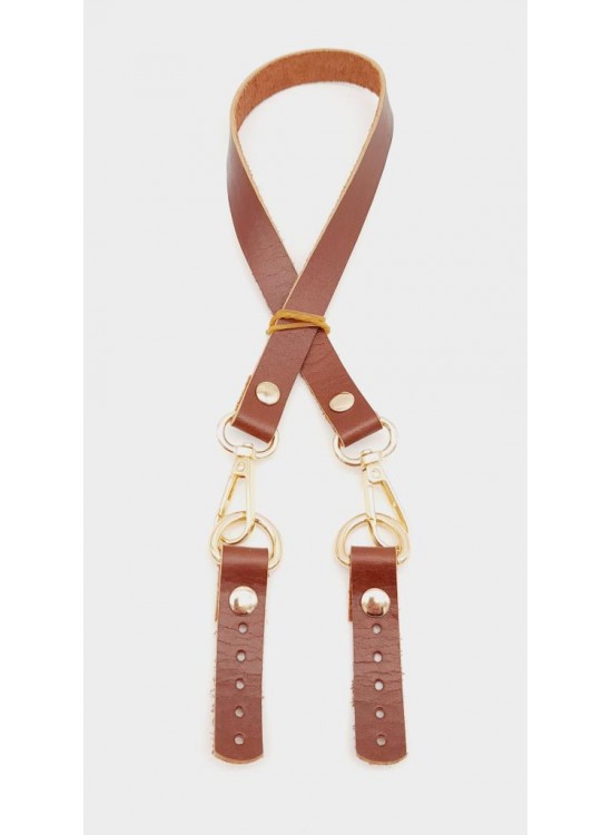 Çanta Aksesuar Kızıl Kahve Renk 60x1.5 cm Gerçek Deri Çanta Sapı Light Gold Metalli