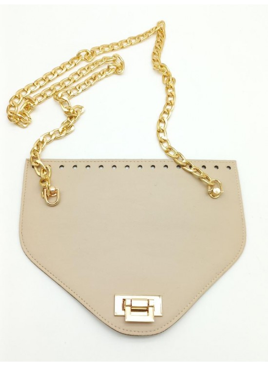 Çanta Aksesuar Koyu Bej Renk Suni Deri 100 cm Zincirli 22.5x18 cm Kapak Light Gold Metalli