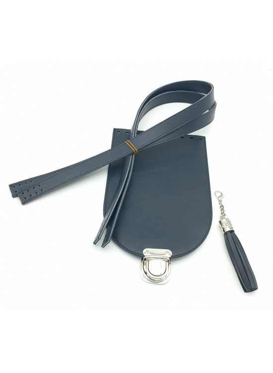 Çanta Aksesuar Lacivert Suni Deri 80x2 cm Çift Saplı Püsküllü Çanta Seti Gümüş Metalli
