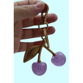 Çanta Aksesuar Lila Simli Kiraz Anahtarlık , Çanta Süsü Antik- Gold Metalli