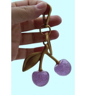 Çanta Aksesuar Lila Simli Kiraz Anahtarlık , Çanta Süsü Antik- Gold Metalli