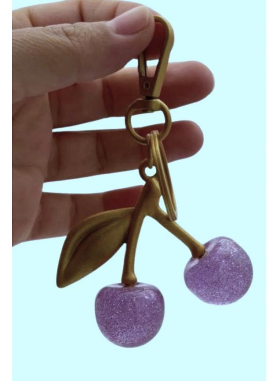 Çanta Aksesuar Lila Simli Kiraz Anahtarlık , Çanta Süsü Antik- Gold Metalli