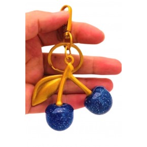 Çanta Aksesuar Mavi Simli  Kiraz Anahtarlık , Çanta Süsü Antik- Gold Metalli