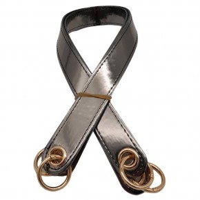 Çanta Aksesuar Parlak Rugan Deri Kuş Gözlü Çift Çanta Sapı Antrasit Renk Light Gold Metalli