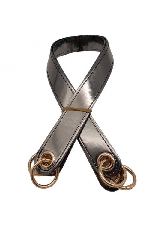 Çanta Aksesuar Parlak Rugan Deri Kuş Gözlü Çift Çanta Sapı Antrasit Renk Light Gold Metalli