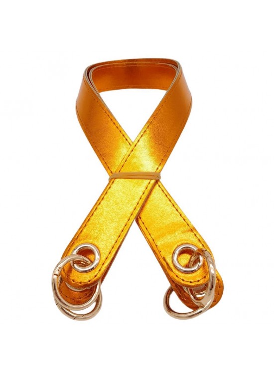 Çanta Aksesuar Parlak Rugan Deri Kuş Gözlü Çift Çanta Sapı Turuncu Renk Light Gold Metalli