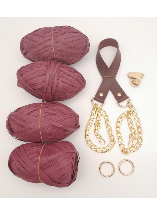 Çanta Aksesuar Rafya Ve Bordo Renk Zincirli Sap Çanta Seti