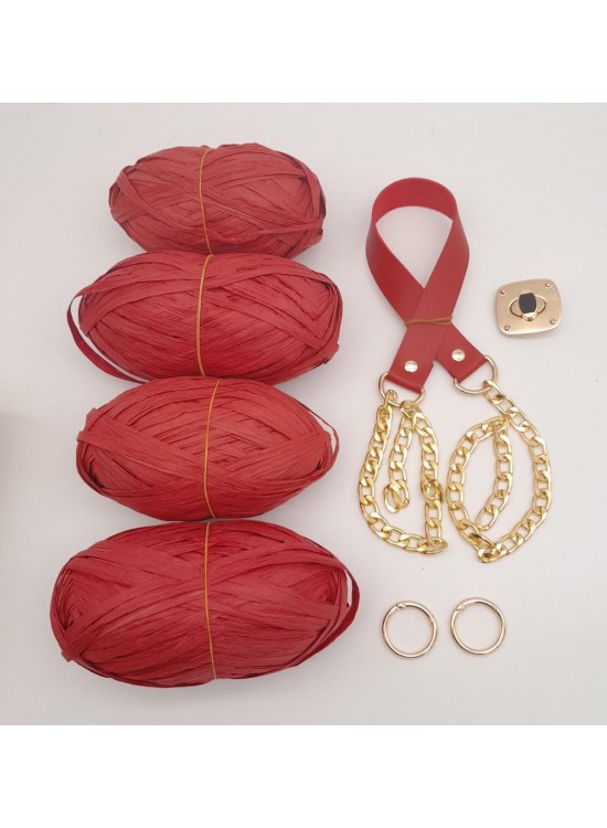 Çanta Aksesuar Rafya Ve Kırmızı Renk Zincirli Sap Çanta Seti