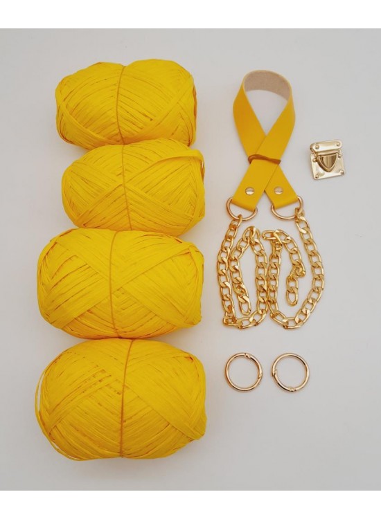 Çanta Aksesuar Rafya Ve Sarı Renk Zincirli Sap Çanta Seti