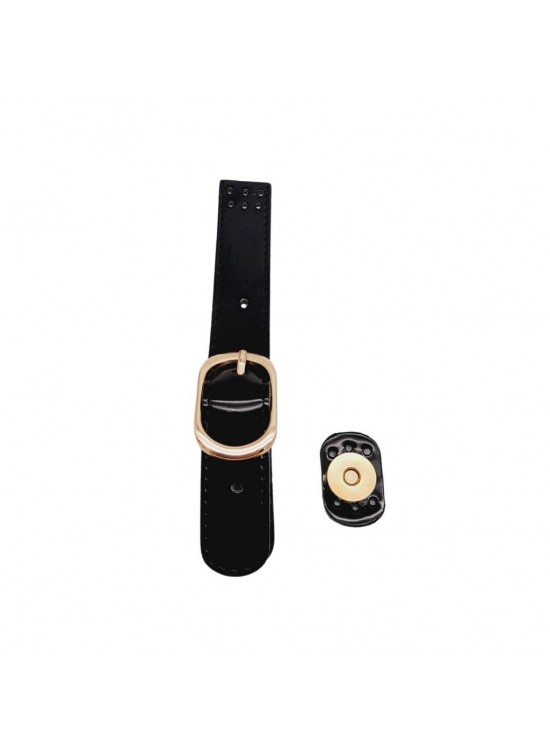 Çanta Aksesuar Rugan Deri 18 cm Tokalı Çanta Kapağı Siyah Renk Light Gold Metalli