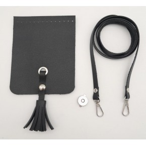 Çanta Aksesuar Siyah Suni Deri Püskül Kapaklı Cep Telefonu Mini Bag Çanta Seti Gümüş Metal