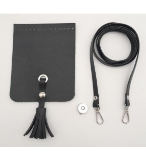 Çanta Aksesuar Siyah Suni Deri Püskül Kapaklı Cep Telefonu Mini Bag Çanta Seti Gümüş Metal