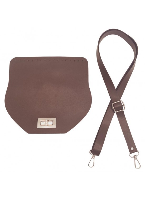 Çanta Aksesuar Suni Deri 21x19 cm Kapaklı ve Ayarlı Saplı Çanta Seti Koyu Kahverengi Gümüş Metalli