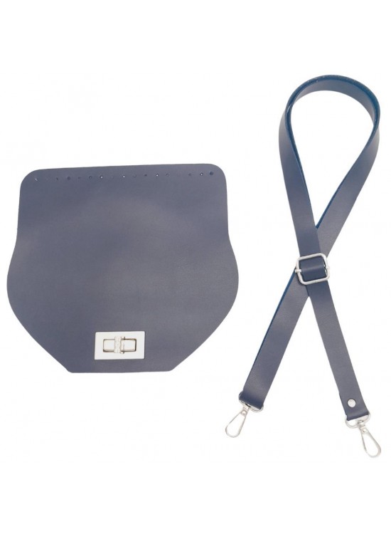 Çanta Aksesuar Suni Deri 21x19 cm Kapaklı ve Ayarlı Saplı Çanta Seti Lacivert Renk Gümüş Metalli