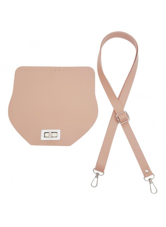 Çanta Aksesuar Suni Deri 21x19 cm Kapaklı ve Ayarlı Saplı Çanta Seti Pudra Renk Gümüş Metalli
