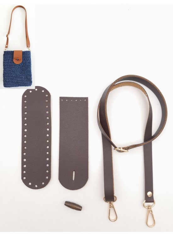 Çanta Aksesuar Suni Deri Ahşap Düğmeli Mini Bag Cep Telefonu Seti Kahverengi Light Gold Metalli