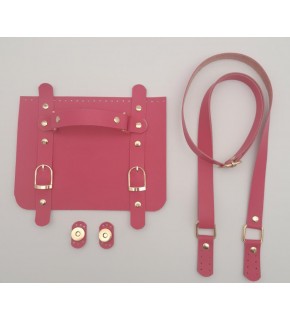 Çanta Aksesuar Suni Deri Çift Tokalı Ayarlı Saplı Fuşya Renk Çanta Deri Seti Light Gold Metalli