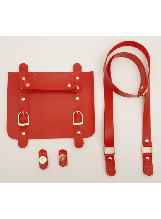 Çanta Aksesuar Suni Deri Çift Tokalı Ayarlı Saplı Kırmızı Renk Çanta Deri Seti Light Gold Metalli