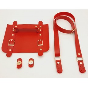 Çanta Aksesuar Suni Deri Çift Tokalı Ayarlı Saplı Kırmızı Renk Çanta Deri Seti Light Gold Metalli