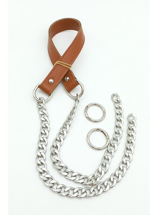 Çanta Aksesuar Suni Deri Dikişli Gümüş Zincirli Açık Taba Renk Çanta Sapı