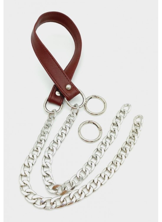 Çanta Aksesuar Suni Deri Dikişli Gümüş Zincirli Bordo Renk Çanta Sapı