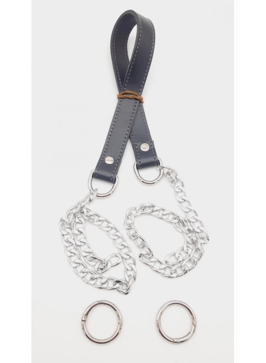 Çanta Aksesuar Suni Deri Dikişli Gümüş Zincirli Gri Renk Çanta Sapı