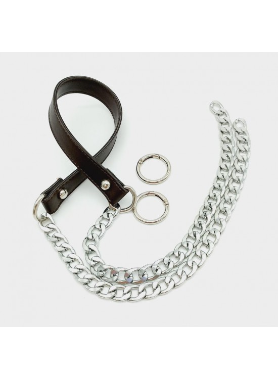 Çanta Aksesuar Suni Deri Dikişli Gümüş Zincirli Kahverengi Çanta Sapı