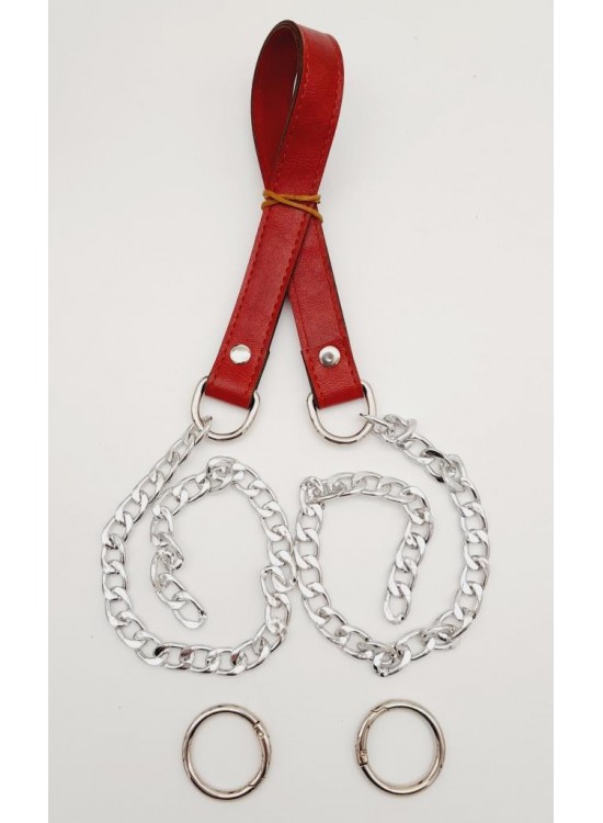 Çanta Aksesuar Suni Deri Dikişli Gümüş Zincirli Kırmızı Renk Çanta Sapı