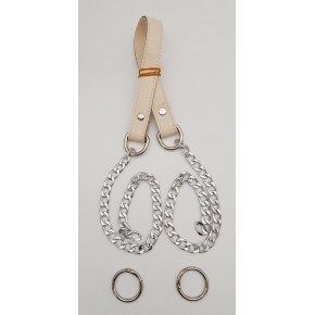 Çanta Aksesuar Suni Deri Dikişli Gümüş Zincirli Krem Renk Çanta Sapı