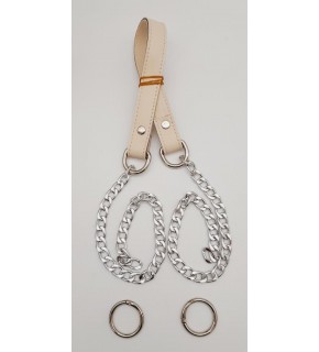 Çanta Aksesuar Suni Deri Dikişli Gümüş Zincirli Krem Renk Çanta Sapı