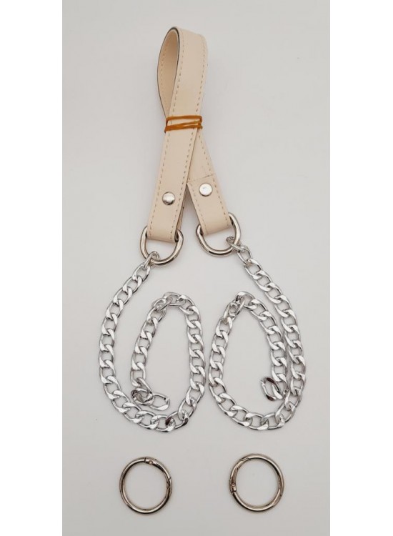 Çanta Aksesuar Suni Deri Dikişli Gümüş Zincirli Krem Renk Çanta Sapı