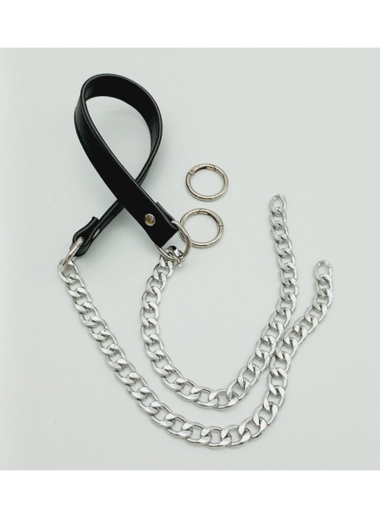 Çanta Aksesuar Suni Deri Dikişli Gümüş Zincirli Siyah Renk Çanta Sapı