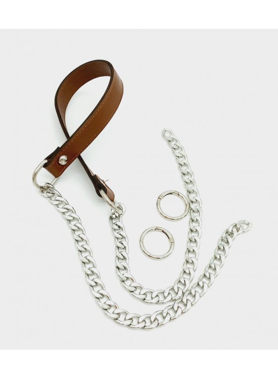 Çanta Aksesuar Suni Deri Dikişli Gümüş Zincirli Taba Renk Çanta Sapı