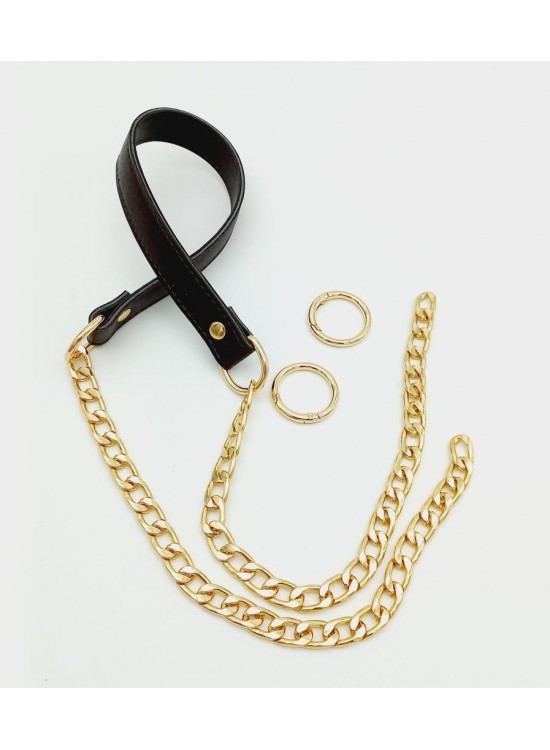 Çanta Aksesuar Suni Deri Dikişli Kahverengi Light Gold Zincirli Çanta Sapı