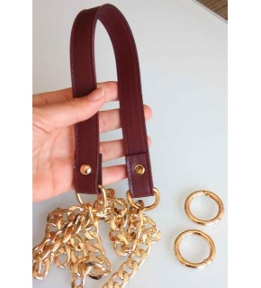 Çanta Aksesuar Suni Deri Dikişli Light Gold Zincirli Bordo Renk Çanta Sapı