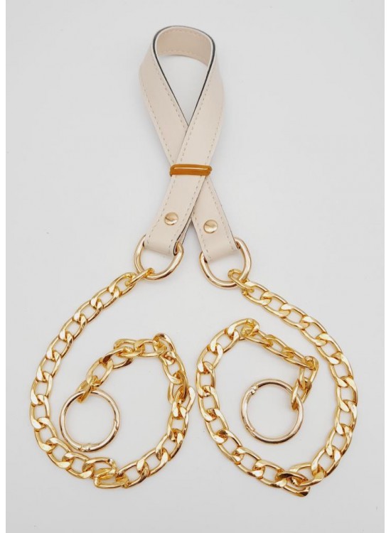 Çanta Aksesuar Suni Deri Dikişli Light Gold Zincirli Krem Renk Çanta Sapı