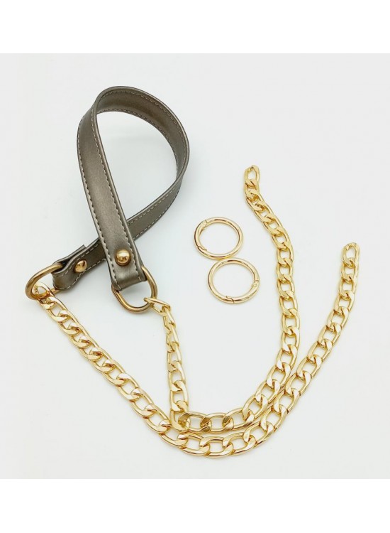 Çanta Aksesuar Suni Deri Dikişli Parlak Gri Renk Light Gold Zincirli Çanta Sapı