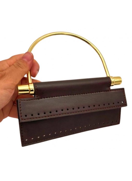 Çanta Aksesuar Suni Derili Metal Çanta Sapı İpek Model Koyu Kahve  Renk Light Gold Metal (Yeni Model)