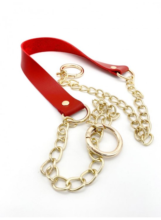 Çanta Aksesuar Tek Kat Suni Deri Kırmızı Renk İnce Zincirli Sap Light Gold Metal