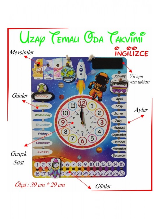 Ankebut Oyuncak Çocuk Odası Ingilizce Gezegen Temalı Gerçek Saatli Duvar Takvimi