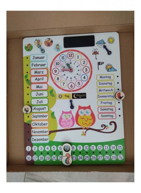 Ankebut Oyuncak Montessori Almanca Ahşap Saatli Eğitici Takvim Günler, Aylar, Mevsimler, Hava Durumu, Rakamlar