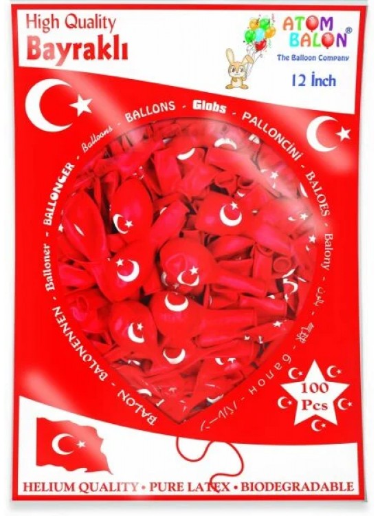 Atom Balon Baskılı 12" 100 Lü (Bayraklı)