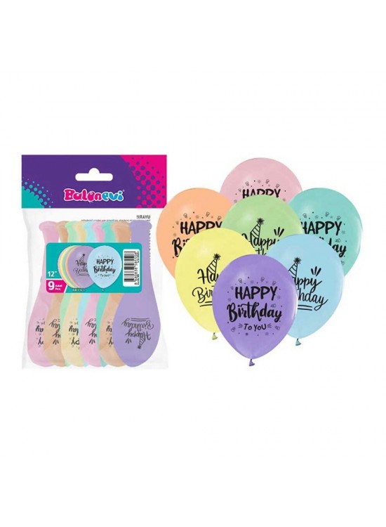 Balonevi Balon Makaron 1+1 Happy Birthday Baskılı 12"  9 Ad