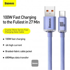 Baseus CAJY000405 1.2mt Crystal Cable USB-A to Type-C Fast Charge Data Cable 100W 5A1.2M-Purple