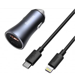BASEUS Golden Connector Pro U+C 40W Type-C to Lightning Kablo Setli Araç İçi Şarj Cihazı Koyu Gri