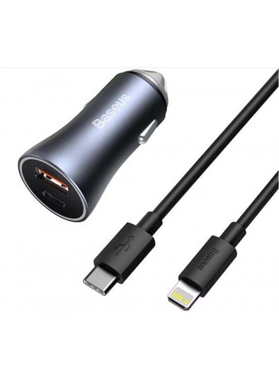 BASEUS Golden Connector Pro U+C 40W Type-C to Lightning Kablo Setli Araç İçi Şarj Cihazı Koyu Gri